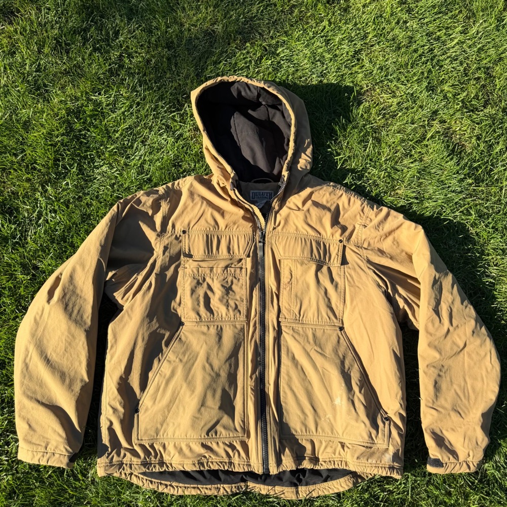 Duluth Trading Co Men XL Hooded Work Jacket Tan Khaki Nylon Spandex Utility Coat
